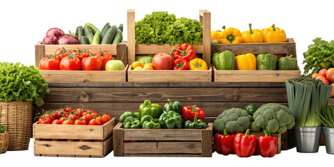 Fresh Farmers Market Stall with Colorful Fruits and Vegetables on Transparent Background
Wooden Market Stand Display of Healthy Organic Produce Isolated on White