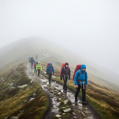 Fototapeta premium Hikers on a Mountain Trail in Fog.