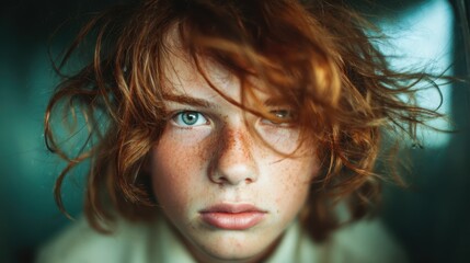 An intimate portrait of a young boy with curly red hair and freckles, gazing thoughtfully into the distance, capturing a moment of contemplation and childhood innocence.