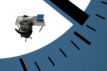 Composite creative art collage of puzzled man freelancer sit office table chair laptop time dial expire isolated on painted background