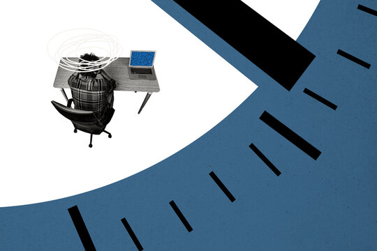 Composite creative art collage of puzzled man freelancer sit office table chair laptop time dial expire isolated on painted background