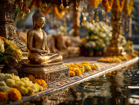 Close-up of a golden Buddha statue on a beautifully decorated riverboat during Chak Phra Festival. Surrounding details include marigold garlands, silk fabrics, and incense smoke drifting in the air.