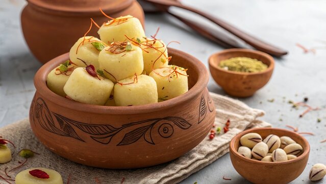 A clay pot filled with thick kesar peda garnished with dry fruits showcasing traditional Indian sweets rich flavor and festive indulgence