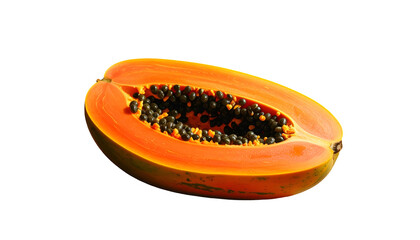 Half-cut papaya showing orange flesh and black seeds on a black background
