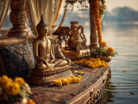 Close-up of a golden Buddha statue on a beautifully decorated riverboat during Chak Phra Festival. Surrounding details include marigold garlands, silk fabrics, and incense smoke drifting in the air.