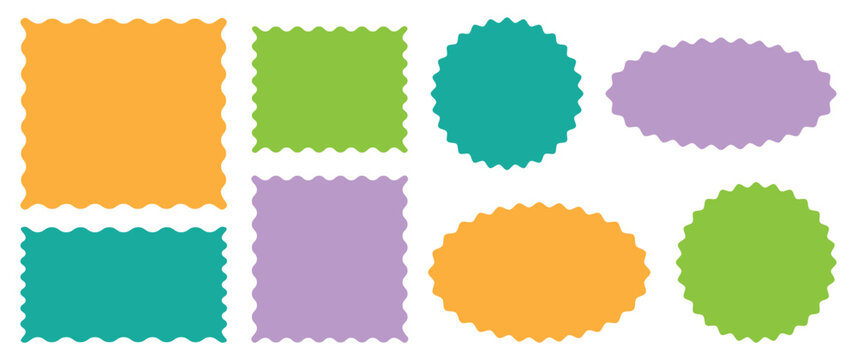 Zig zag edge rectangle shape, colorful collection. Different shapes and sizes frame with zigzag edge.  Rectangular, round, circle, oval and square scalloped frame.