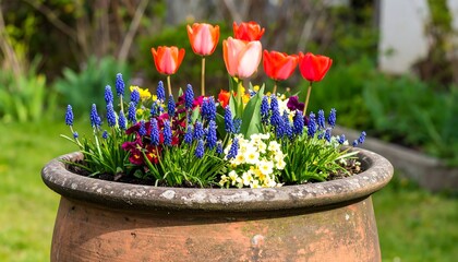 Vibrant flower display in large terracotta pot