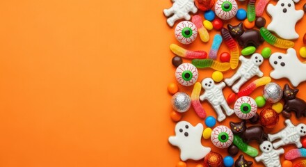 Obraz premium Halloween Candy Assortment with Ghost and Eyeball Sweets on Orange Background