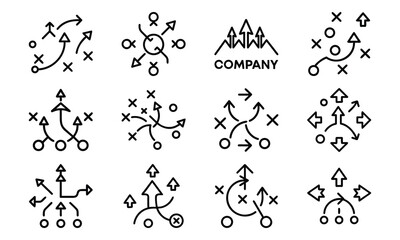Business Strategy and Finance Line Icons – Growth, Customer Support, Achievement, Data Management, Planning, Charts, Goals, and Success Vector Set
