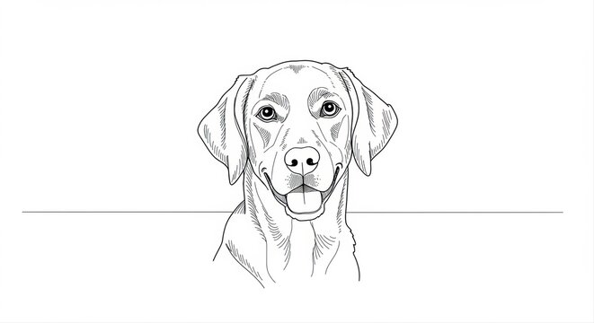 Detailed line drawing of a happy labrador retriever dog portrait with its tongue out