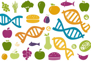 Colorful stylized food and DNA icons pattern blending nutrition and genetics with playful fruit vegetable fish and burger