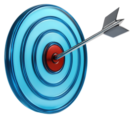 Silver Dart Piercing the Red Bullseye of a Translucent Blue Target graphic design isolated on a transparent background