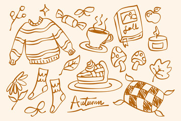 Set of hand drawn autumn objects. Autumn seasonal items illustration in vector. Autumn cozy items. Sweater, autumn leaf, pumpkin pie, tea, book, socks, pillow etc.
