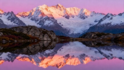 Obraz premium Snowy mountains reflected in lake at sunset