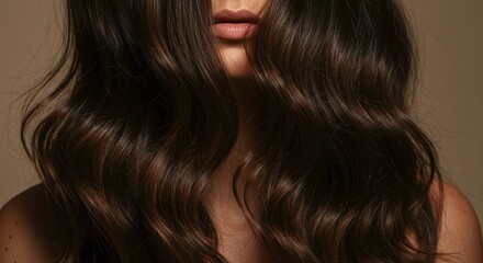 Naklejka premium Elegance and mystery embodied: A woman with luxurious, dark, flowing hair frames her captivating