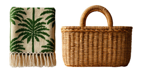 Cozy Palm Leaf Blanket and Woven Basket with Natural Texture and Design Elements