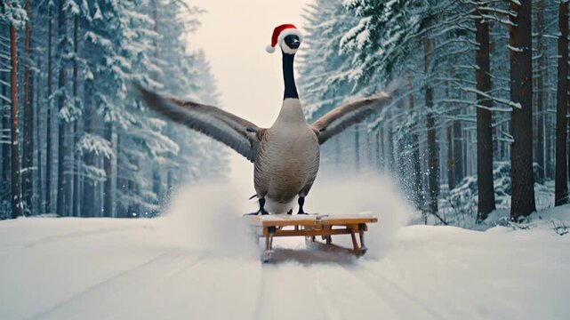 Typical Canadian Christmas. Canada Goose wearing Santa hat sledding down a snowy forest path with wings outstretched, capturing the essence of festive winter adventure. Video made using Generative AI.