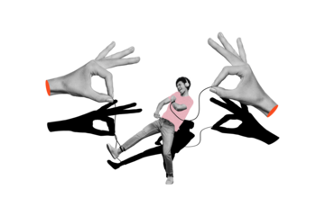 Creative poster collage of hands hold strings dancing man listen music headphones bizarre unusual fantasy billboard comics