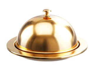 Shiny golden food cloche with domed lid isolated on a transparent background metallic