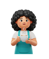 Smiling 3D cartoon woman character in an apron holding a steaming mug of coffee