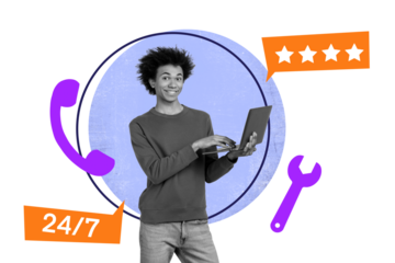 Creative collage picture young man laptop browsing programmer troubleshoot customer support rating quality fix problem specialist