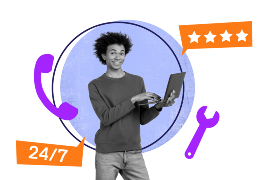 Creative collage picture young man laptop browsing programmer troubleshoot customer support rating quality fix problem specialist