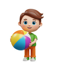 Happy boy holding a colorful beach ball with a friendly smile on his face