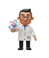 Cartoon Scientist Holding a Colorful Atom Model in a Laboratory Coat