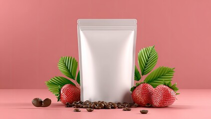 Package mockup with strawberries, beans, pink background