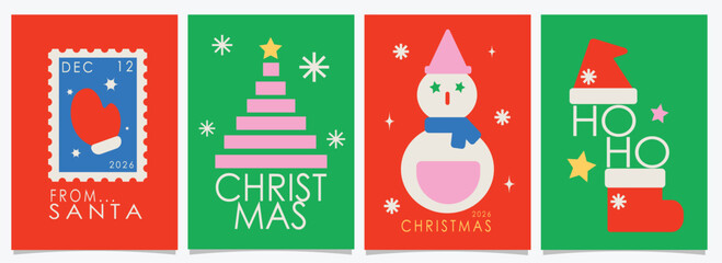 Colorful Christmas Greeting Cards Set, Modern Holiday Postcards with Festive Tree, Gifts, Wreath and Stars, Minimalist Winter Celebration Illustration
