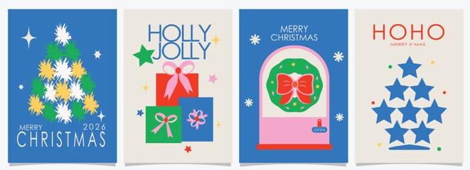  Playful Christmas Greeting Cards Set, Modern Holiday Postcards with Santa Glove Stamp, Abstract Tree, Snowman Design, Festive Winter Illustration
