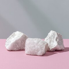 Three rough white crystals on pink; shadow