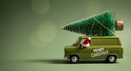 Santa claus drives a vintage green van delivering a christmas tree with merry christmas text