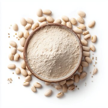 Macro studio shot, fine beige-white bean powder in a round ceramic dish, with raw beans scattered around for context. Isolated on bright white background, ultra-realistic product detail