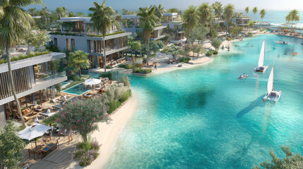 Fototapeta premium Aerial view of a luxury tropical resort with modern waterfront villas, private pools, a white sandy beach, and a stunning turquoise lagoon where small sailboats and kayaks are enjoying the water
