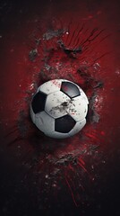 Fototapeta premium A soccer ball is embedded in a red wall, surrounded by cracks and debris from impact
