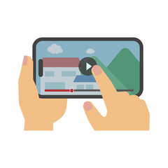フラットイラスト：スマホ画面とタップする手(動画)