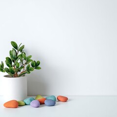 Potted plant with colorful stones on white surface