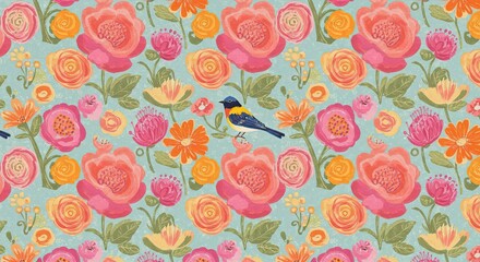 A repeating pattern of flowers and birds, with a vibrant and cheerful color palette 
