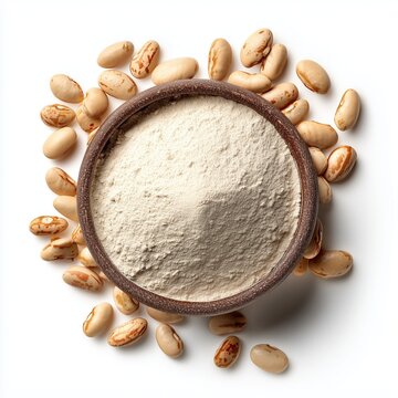 Macro studio shot, fine beige-white bean powder in a round ceramic dish, with raw beans scattered around for context. Isolated on bright white background, ultra-realistic product detail