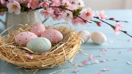 Pastel Easter Eggs in Nest with Cherry Blossoms straw