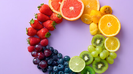 Rainbow fruit circle strawberries oranges kiwi grapes citrus on pastel background
