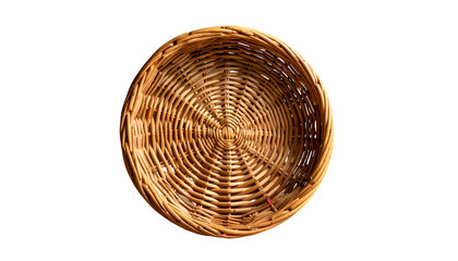 Overhead shot of a round woven wicker basket with a dark background