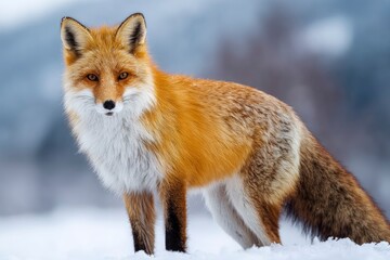 Fototapeta premium A fox stands in the snow its orange and white fur contrasting with the blurred wintry background