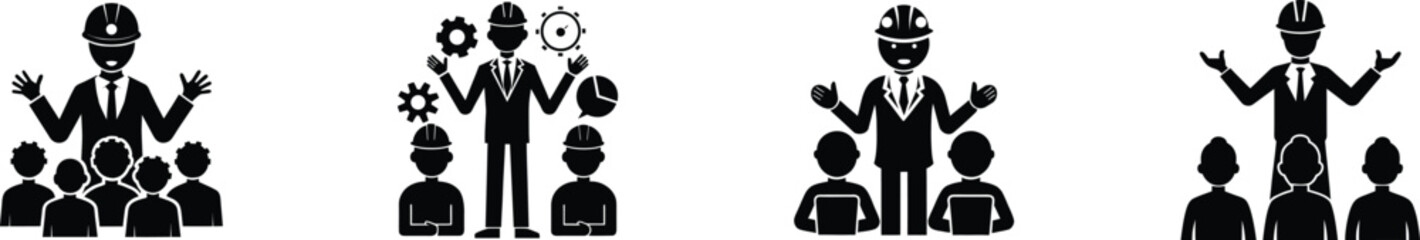 Silhouette of engineer guiding team with hand gestures professional development meeting vector