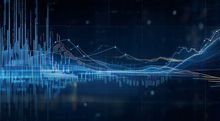 Abstract digital landscape of blue light waves and data streams reflecting on a dark surface