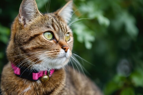 A focused portrait showcases a tabby cat with striking green eyes a pink collar and a backdrop of blurred green foliage - Powered by Adobe