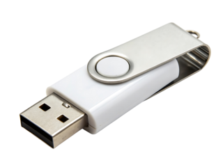 White USB Flash Drive with Metal Swivel on Black Background Close Up Technology Data Storage Solution