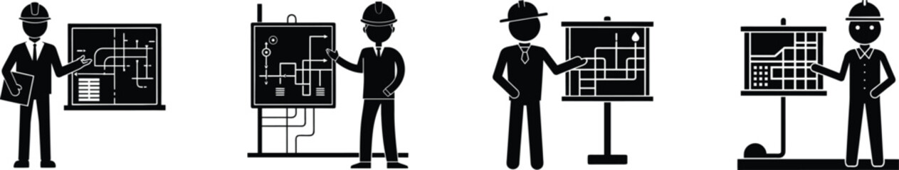 Silhouette engineer explains drainage plan set showing water flow and infrastructure design vector