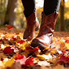 Closeup of a person in brown boots walking on a path covered with colorful autumn leaves. Kicking up red and yellow foliage during a sunny fall day. Seasonal outdoor activity concept.